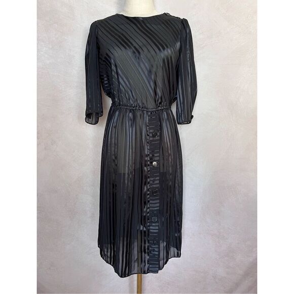 Vintage Sheer Black Dress 80s does 40s Chic Black Tie - Picture 1 of 7